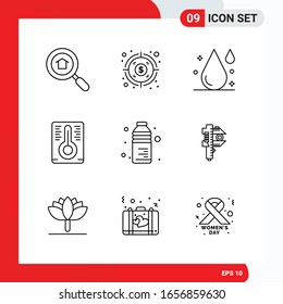 Conjunto creativo de 9 iconos de contorno universal aislados en fondo blanco.