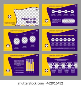 Creative set of abstract infographic elements. Modern presentation template with title sheet. Brochure design in yellow and purple colors. Vector illustration. 