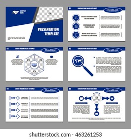 Creative set of abstract infographic elements. Modern presentation template with title sheet. Brochure design in blue and white colors. Vector illustration. 