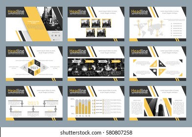 Creative set of abstract infographic elements. Modern presentation template with title sheet. Brochure design in yellow, white and gray colors. Vector illustration. City building image.