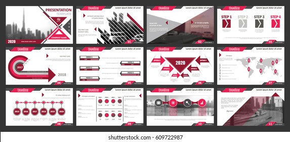 Creative set of abstract infographic elements. Modern presentation template with title sheet. Brochure design in pink, dark red, white and gray colors. Vector illustration. City, street image.