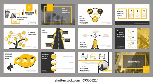 Creative set of abstract infographic elements. Modern presentation template with title sheet. Brochure design in dark grey, white and yellow colors. Vector illustration. City street image. Urban.