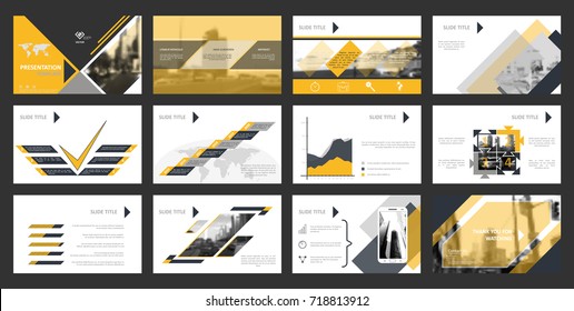 Creative set of abstract infographic elements. Modern presentation template with title sheet. Brochure design in dark blue, grey, white and yellow colors. Vector illustration. City street image.