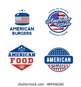 Creative set of american cuisine logo design. Vector illustration designed for labels to national dishes, used for advertising restaurant, snack bar or street food menu.