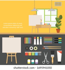 Creative set for artist. Ideas, creativity, design. Tools and materials: paint, brushes, markers , pencil, scissors, easel, palette. Vector flat illustrations and background