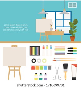 Creative set for artist. Ideas, creativity, design. Tools and materials: paint, brushes, markers , pencil, scissors, easel, palette. Vector flat illustrations and background