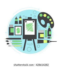 Creative set for artist. Ideas, creativity, design. Tools and materials paint, brushes, markers pencil easel palette. Line art. Vector illustration