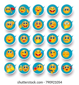 Creative Set of Beautiful Smiley Faces Expressing Various Emotions Isolated on White Background. Chat Bubbles in Modern Stick Design. Vector Illustration