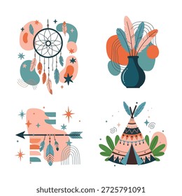 Kreative böhmische Illustrationen mit abstrakten Formen, Traumfängern und Stammeszelten