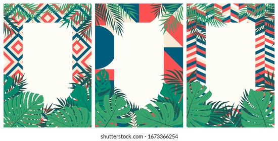Kreative Broschüren mit tropischen Blättern auf buntem geometrischem Hintergrund mit Platz für Text, Plakate und Karten, Rahmen für die Vektorillustration