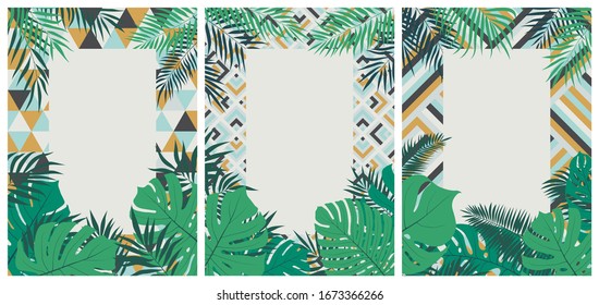 Creative set of brochures with tropical leaves on a colored geometric background with place for text, posters and wedding invitations, vector