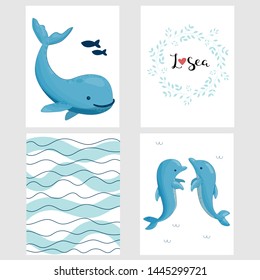Creative set of cards and prints. Whale, fish, dolphins and stylish inscription I love the sea. For fashionable kidswear, t-shirts, posters, cards, scrapbooking, invitations to birthday and party. Vec