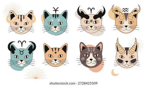 Conjunto creativo de cabezas de personajes de gatos que representan diferentes signos del zodiaco con cuernos, símbolos y Elementos celestiales para diseños astrológicos.