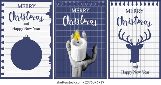 Creative set Christmas greeting card cover with Halftone hand and vintage Torn paper sheets. Xmas and New Year Collage of Retro celebration poster for Social Media. Vector illustration.