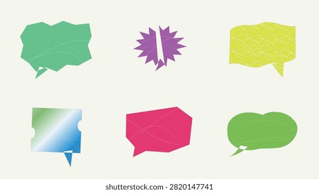 A creative set of colorful, abstract speech bubbles and comic explosion frames featuring textured gradients and unique geometric shapes. Perfect for social media designs, messaging apps, comic book text boxes, promotional banners, and graphic UI elements.

#SpeechBubbles #AbstractDesign #VectorArt #ComicStyle #GraphicDesign #ChatBox #TextFrames #DesignElements #VectorIllustration #CreativeAssets