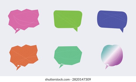 A creative set of colorful, textured speech bubbles featuring unique geometric shapes, jagged borders, and soft gradients. Ideal for comic dialogue frames, chat interface designs, social media post templates, promotional banners, and graphic UI elements.

#SpeechBubbles #VectorArt #GraphicDesign #TextFrames #ChatBox #DesignElements #VectorIllustration #CreativeAssets #GeometricDesign #ComicBubbles