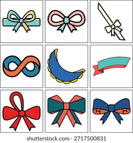 Un conjunto creativo de lazos decorativos e íconos de cinta con un símbolo de bucle infinito y nudos de lujo únicos. Esta colección plana de Vector incluye Anuncios curvos, lazos diagonales y diseños de arco vibrantes en verde azulado, naranja y azul, perfectos para la marca moderna y decoraciones festivas.