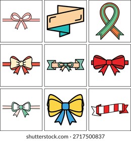 Conjunto creativo de Anuncios de cinta decorativa, etiquetas onduladas y arcos de regalo festivos en estilo de arte de línea plana. Ideal para diseños de celebración, iconos de conciencia social y Anuncios de venta promocionales con nudos y etiquetas de colores
