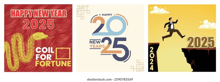 A creative set of designs welcoming 2025, symbolizing potential, transition, and festive celebration. Includes themes of progress, fortune, and optimism captured across attractive visuals.