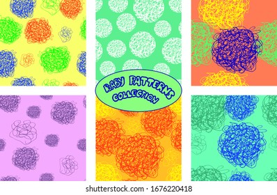 Creative set of doodle art seamless pattern with different shapes and textures.