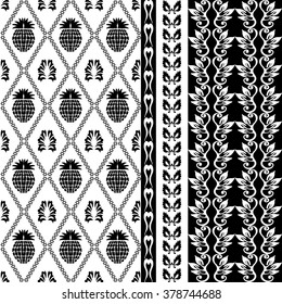 Creative set of fantasy damask wallpaper. Pineapple rhombus pattern, baroque leaves ornaments, scrolls background, abstract floral borders. Vintage wallpaper collection. Black and white.