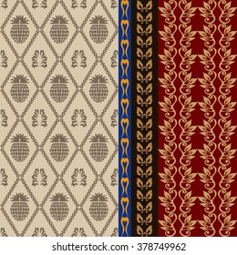 Creative set of fantasy seamless silk damask wallpaper. Pineapple rhombus pattern, baroque leaves ornament, scrolls background, abstract floral borders. Vintage wallpaper collection. Beige, blue, red.
