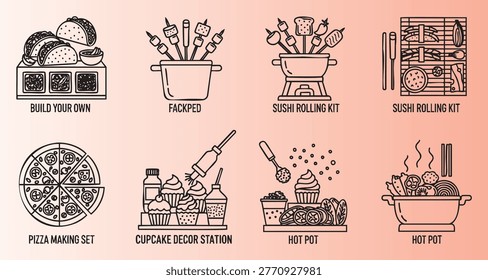 Creative set of foodthemed activity icons including taco bar cupcake decor and sushi rolling kits