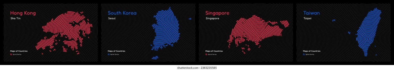 Conjunto creativo de Cuatro Tigres Asiáticos, Corea del Sur, Hong Kong, Singapur, Taiwán. Capital. Las economías de los bancos de tigres. Mapas vectoriales de países del mundo. Serie de huellas dactilares espirales