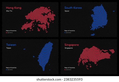 Creative set of Four Asian Tigers, South Korea, Hong Kong, Singapore, Taiwan. Capital. Tiger Cub Economies. World Countries vector maps. Spiral fingerprint series