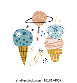Creative set of funny ice cream planets. Space illustration. . Perfectly look on t-shirt, poster, nursery decoration, apparel design. Kids Vector Illustration