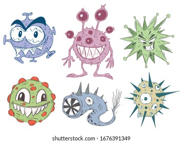 Creative set of funny toothy viruses in cartoon colorful style.