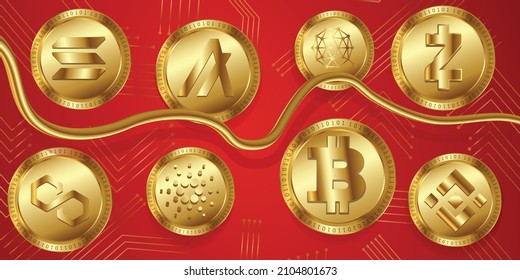 Creative set of golden crypto currency logo symbols for Bitcoin, Solano, Zcash, Cardano, Qtum, Binance and Algorand. Finance and Technology business concept banner, poster and background vector templa