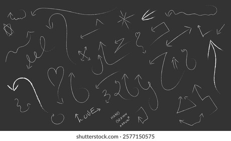 A creative set of hand-drawn chalk-style arrows, swirls and doodles on a dark background. Ideal for educational, artistic, and presentation designs, featuring authentic chalkboard textures.

