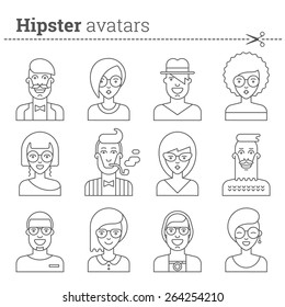 Creative set of hipster avatars for social media or web site. Trendy monochrome icons collection. Black and white characters: guys, girls. Contours, outlines and lines. Vector stock.