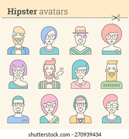 Creative set of hipster avatars for social media or web site. Trendy icons collection for website and social net. Colorful characters: guys, girls. Contours, outlines and lines. Vector stock.
