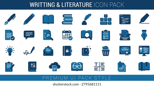 Creative set of icons featuring writing stationery literary elements educational tools and digital content publishing symbols suitable for academic platforms blogging apps note taking software and library systems high quality vector icons depicting pens books document editing and textual content creation tools.
