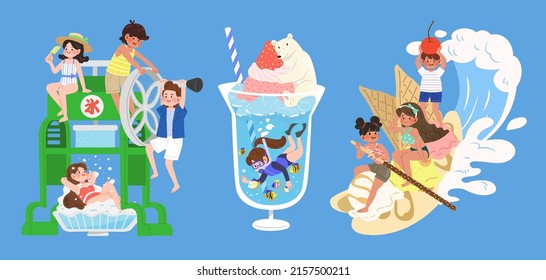 Creative set of kids with summer food items. Flat illustration of cute children playing on ice shaving machine, scuba diving in cold sundae and rowing ice cream boat. Text translation: Ice