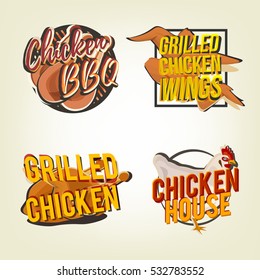 Creative set of logo design with grilled chicken. Vector illustration include chicken legs, wings, roasted and realistic poultry. Retro labels designed for fastfood menu, snack or bbq bar.