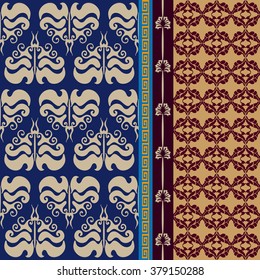 Creative set of luxury damask wallpaper. Floral pattern, baroque ornaments, geometric background, abstract classical borders. Vintage wallpaper collection. Blue and golden.