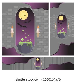 Creative set of medieval window in castle. Happy helloween banners set, vector illustration with candles and full moon, bats  and witch pot. Autumn night  purple sky for web and print.