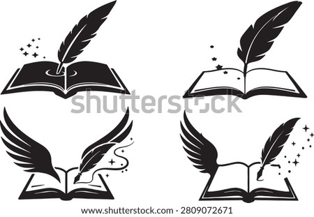 A creative set of minimalist vector silhouette illustrations featuring open books combined with quill pens, wings, and magical sparkle effects. These conceptual designs symbolize the power of writing, literature, creative inspiration, storytelling, academic expression, and literary freedom. High-contrast, clean black-and-white vector graphics isolated on a white background, perfect for writers, bloggers, publishers, educational platforms, literacy campaigns, and creative writing projects.