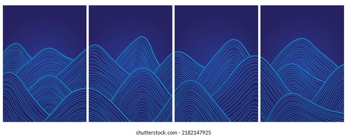 creative set of modern minimalist line art print. Abstract contemporary mountain aesthetic landscape background. with mountains, forest, sea, horizon, waves. vector illustration