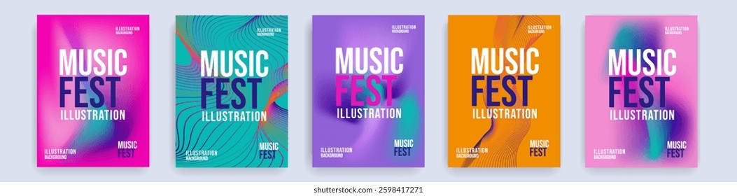 Creative Set Music Festival. 3d Background Fluid Holographic Gradient for Dance Party, Disco, Club Invitation, Poster, Flyer. Summer Design Cover in Vector Illustration.
