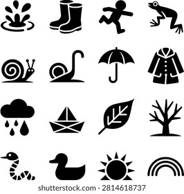 Creative set of nature and weather icons featuring animals plants and human activities in simple silhouette style