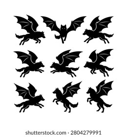 Creative set of nine fantasy wolf silhouettes featuring large leathery bat wings in various soaring and running poses. Mythical hybrid creature illustrations isolated on white background. Perfect for gothic art gaming assets halloween decorations and imaginative storytelling graphic work.