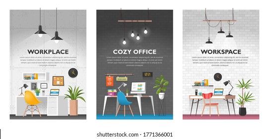 Creative set of office interiors in loft space. Modern cozy workspace with wooden table, laptop, desk lamp, book shelf, folders, plants, clock etc. Vodern vector illustration.