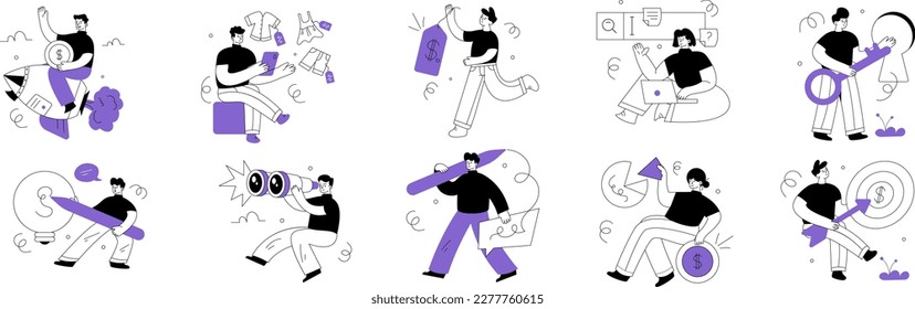 Creative set of outline vector illustrations depicting business people communicating with each other and customers. Simple style vector illustrations isolated on white background.