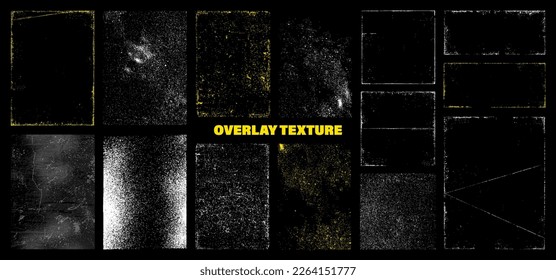 Creative set Overlay textures. Stamps with effect effect of antiquity, wear, creases, monochrome, grainy, spray, grunge, dust. Overlay stamps textures - old, concrete, scratches, damage, grunge.