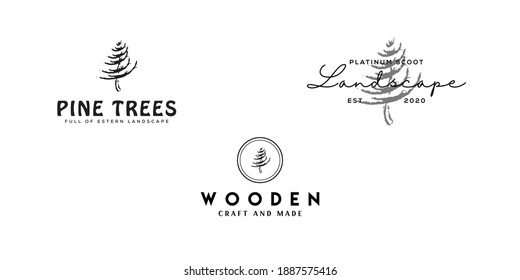 creative set pine logo design with vintage and modern retro styles: pine trees logo, custom wooden logo, landscape logo. isolated white background