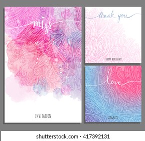 creative Set pink blue universal cards. Art background with curls, watercolor stains. Wedding, anniversary, birthday, Valentin's day, party invitations, love, miss, thank you, congratulation.